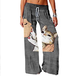 Women's Basic Soft Comfort Daily Home Chinos Pants Cat Graphic Prints Full Length Elastic Drawstring Design Print Khaki Gray Lightinthebox