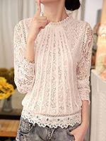 Band Collar Embroidered Lace Blouses - thumbnail