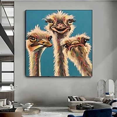 Handmade Oil Painting Canvas Wall Art Decoration Modern Cute Animal Ostrich Family for Home Decor Rolled Frameless Unstretched Painting Lightinthebox