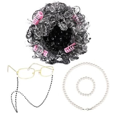 5 Pieces Halloween Old Lady Wig Set Halloween Granny Costume Party Wigs with Hair Rollers Glasses Chain Necklace Bracelet Dress Up Costume Cosplay Supplies miniinthebox