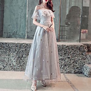 A-Line Elegant Floral Party Wear Prom Dress Illusion Neck Half Sleeve Ankle Length Tulle with Pleats Pattern  Print 2021 Lightinthebox