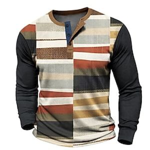 Graphic Color Block Patchwork Fashion Designer Casual Men's 3D Print Henley Shirt Waffle T Shirt Sports Outdoor Holiday Festival T shirt Blue Green Khaki Long Sleeve Henley Shirt Spring   Fall Lightinthebox