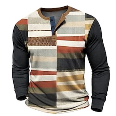 Graphic Color Block Patchwork Fashion Designer Casual Men's 3D Print Henley Shirt Waffle T Shirt Sports Outdoor Holiday Festival T shirt Blue Green Khaki Long Sleeve Henley Shirt Spring   Fall Lightinthebox
