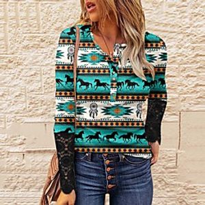 Women's Geometric Painting T shirt Geometric Tribal Lace Patchwork Button Round Neck Basic Ethnic Tops Blue Black Red / 3D Print miniinthebox