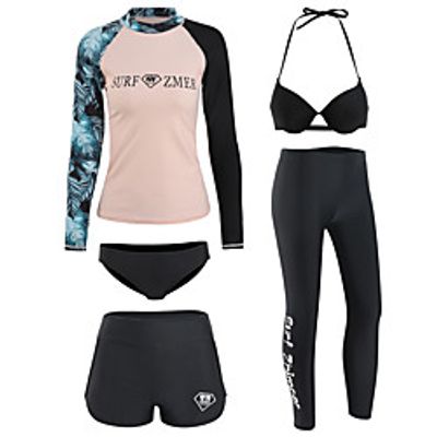 Women's Rash Guard Dive Skin Suit Spandex Swimwear UV Sun Protection Quick Dry Long Sleeve 5-Piece - Swimming Diving Surfing Snorkeling Floral  Botanical Patchwork Autumn  Fall Spring Summer Lightinthebox