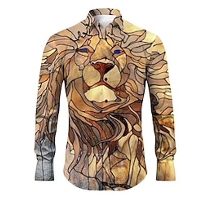Lion Artistic Abstract Men's Shirt Daily Wear Going out Spring  Summer Turndown Long Sleeve Yellow, Red, Blue S, M, L 4-Way Stretch Fabric Shirt Lightinthebox