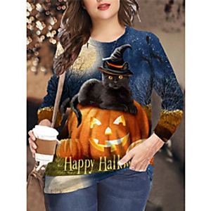 Women's Plus Size Tops Pullover Sweatshirt Cat Pumpkin Letter Print Long Sleeve Crewneck Basic Streetwear Fall Winter Blue Purple Big Size XL XXL 3XL 4XL 5XL / Halloween miniinthebox