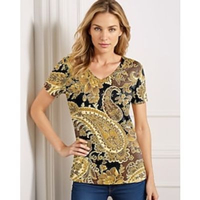 Women's T shirt Tee Paisley Daily Weekend Yellow Pink Blue Print Short Sleeve Fashion V Neck Regular Fit Spring  Summer Lightinthebox