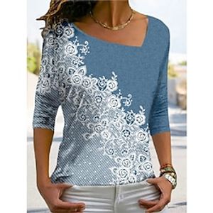 Women's T shirt Tee Flower Casual Daily Holiday T shirt Tee Long Sleeve Patchwork Print V Neck Basic Blue S / 3D Print miniinthebox