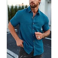 Men's Shirt Button Up Shirt Casual Shirt Summer Shirt Blue Short Sleeve Plain Lapel Daily Vacation Clothing Apparel Fashion Casual Comfortable Lightinthebox - thumbnail