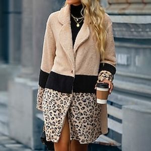 Women's Sherpa jacket Fleece Jacket Teddy Coat Windproof Warm Outdoor Street Daily Vacation Pocket Single Breasted Lapel Street Style Plush Leopard Regular Fit Outerwear Long Sleeve Winter Fall Khaki Lightinthebox