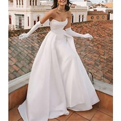 Bridal Shower Casual Wedding Dresses Sheath  Column Sweetheart Sleeveless Sweep  Brush Train Satin Bridal Gowns With Solid Color 2023 Lightinthebox