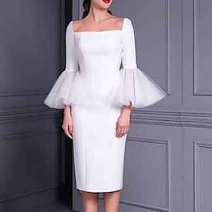 Reception Little White Dresses Casual Wedding Dresses Sheath  Column Square Neck Off Shoulder Long Sleeve Tea Length Tulle Bridal Suits Bridal Gowns With Solid Color 2023 Summer Wedding Party Lightinthebox