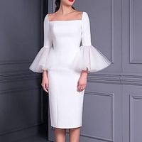 Reception Little White Dresses Casual Wedding Dresses Sheath  Column Square Neck Off Shoulder Long Sleeve Tea Length Tulle Bridal Suits Bridal Gowns With Solid Color 2023 Summer Wedding Party Lightinthebox - thumbnail