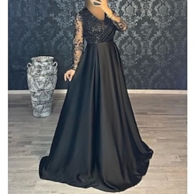 A-Line Evening Gown Black Dress Dress Wedding Guest Fall Court Train Long Sleeve V Neck Satin with Ruched Appliques 2023 Lightinthebox