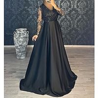 A-Line Evening Gown Black Dress Dress Wedding Guest Fall Court Train Long Sleeve V Neck Satin with Ruched Appliques 2023 Lightinthebox - thumbnail