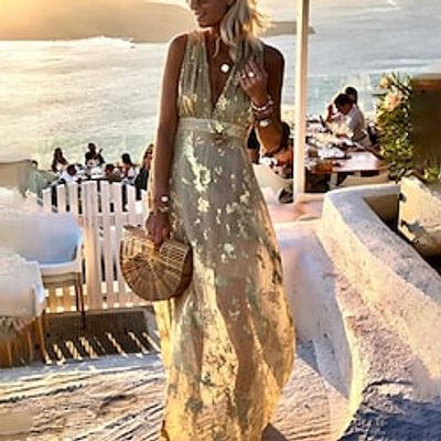 Women's Party Dress Sequin Dress Sheath Dress Long Dress Maxi Dress Black Yellow Pink Sleeveless Print Sequins Spring Summer Deep V Party Party Halloween 2023 S M L XL miniinthebox