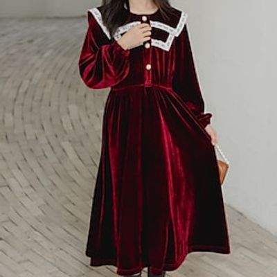 Kids Girls' Dress Solid Color Long Sleeve School Outdoor Ruched Daily Cotton Maxi Skater Dress Fall Winter 4-12 Years Wine Red Black Lightinthebox