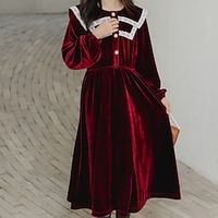 Kids Girls' Dress Solid Color Long Sleeve School Outdoor Ruched Daily Cotton Maxi Skater Dress Fall Winter 4-12 Years Wine Red Black Lightinthebox - thumbnail
