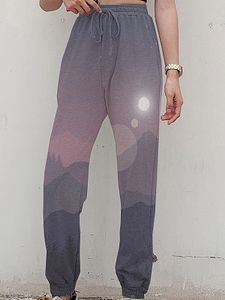 Fashion landscape print lace-up casual pants