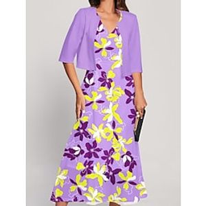 Women's Two Piece Dress Set Casual Dress Chiffon Dress Outdoor Holiday Fashion Streetwear Print Midi Dress V Neck Half Sleeve Floral Regular Fit Black White Purple Spring S M L XL XXL Lightinthebox
