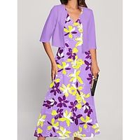 Women's Two Piece Dress Set Casual Dress Chiffon Dress Outdoor Holiday Fashion Streetwear Print Midi Dress V Neck Half Sleeve Floral Regular Fit Black White Purple Spring S M L XL XXL Lightinthebox - thumbnail