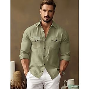 45% Linen Pocket Men's Shirt Linen Shirt Button Up Shirt Beach Shirt Black White Green Long Sleeve Plain Lapel Spring   Fall Outdoor Daily Clothing Apparel Lightinthebox