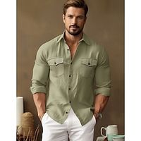45% Linen Pocket Men's Shirt Linen Shirt Button Up Shirt Beach Shirt Black White Green Long Sleeve Plain Lapel Spring   Fall Outdoor Daily Clothing Apparel Lightinthebox - thumbnail