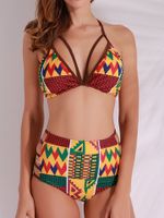 Sexy Retro Printing Halter Hollow Bikini Sets High Waist Swimwear For Women