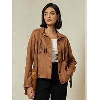 Suede Fringe Hem Crew Neck Jacket - thumbnail