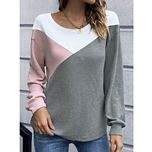 Women's Shirt Blouse Waffle Black Pink Khaki Color Block Print Long Sleeve Casual Basic Round Neck Regular Fit Spring   Fall Lightinthebox