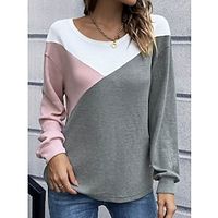 Women's Shirt Blouse Waffle Black Pink Khaki Color Block Print Long Sleeve Casual Basic Round Neck Regular Fit Spring   Fall Lightinthebox - thumbnail