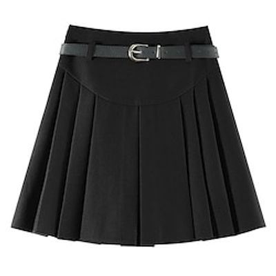 Women's A Line Above Knee Twilled Satin Black Brown Khaki Skirts Spring   Fall Pleated Patchwork Belt Included Lined Fashion Homecoming Casual Daily S M L Lightinthebox