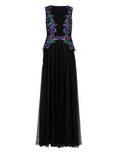 Floral Embroidered Sleeveless Gown - Black