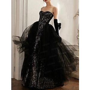 A-Line Evening Gown Black Dress Sparkle  Shine Dress Prom photoshoot Floor Length Sleeveless Strapless Sequined with Sequin 2023 Lightinthebox