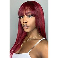 nuyoah red long straight synthetic wigs with bangs for women burgundy wine red color natural soft daily wigs heat resistant fiber 18 inches Lightinthebox - thumbnail