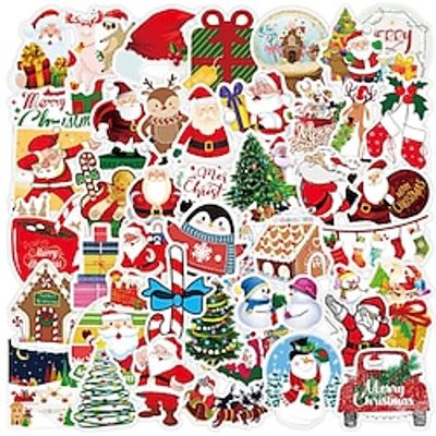 50pcs Christmas Stickers, Cartoon Graffiti Santa Claus Stickers Christmas Tree Notebook Luggage Decoration, Waterproof Stickers Xmas Stickers miniinthebox