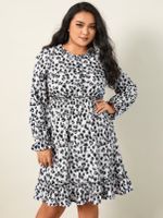 YOINS Plus Size Crew Neck Leopard Lettuce-edge Long Sleeves Midi Dress - thumbnail