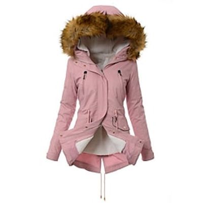 Women's Parka Fleece Lined Puffer Jacket Thermal Warm Winter Coat Windproof Heated Coat with Fur Collar Zip up Drawstring Hooded Coat with Pocket Outerwear Long Sleeve Lightinthebox