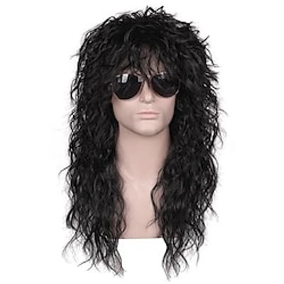 Synthetic Wig Curly With Bangs Machine Made Wig Long Natural Black #1B Synthetic Hair Men's Cosplay Soft Party Black Lightinthebox