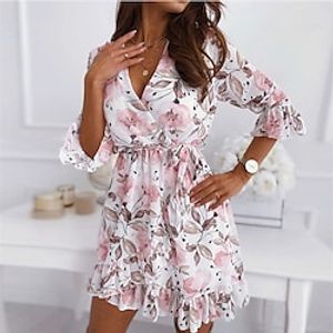 Women's Casual Dress Mini Dress Black White Red 3/4 Length Sleeve Floral Print Summer Spring V Neck Vacation 2023 S M L XL XXL miniinthebox