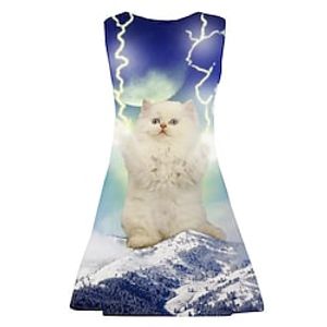 Kids Little Girls' Dress Cat Animal A Line Dress Daily Holiday Vacation Print Blue Above Knee Sleeveless Casual Cute Sweet Dresses Spring Summer Regular Fit 3-10 Years Lightinthebox