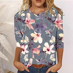 Women's T shirt Tee Black Yellow Red Floral Galaxy Print Long Sleeve Daily Weekend Basic Round Neck Regular Floral Painting S Lightinthebox