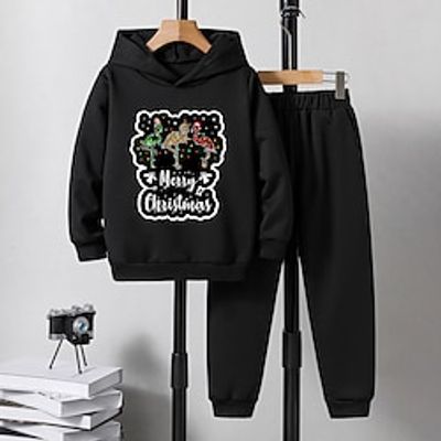 2 Pieces Kids Boys Christmas Clothing Set Outfit Letter Flamingo Ugly Long Sleeve Crewneck Set Christmas Gifts Fashion Daily Fall 7-13 Years Black White Ivory Lightinthebox
