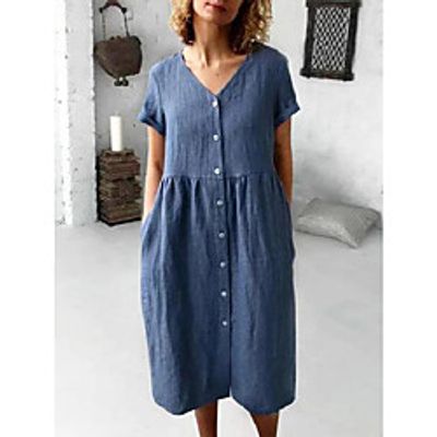 Women's A Line Dress Midi Dress Light Blue Dark Blue Short Sleeve Solid Color Spring Summer Casual 2021 S M L XL XXL XXXL  Cotton Lightinthebox