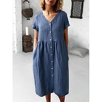 Women's A Line Dress Midi Dress Light Blue Dark Blue Short Sleeve Solid Color Spring Summer Casual 2021 S M L XL XXL XXXL  Cotton Lightinthebox - thumbnail