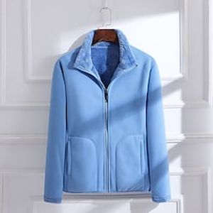 Women's Plus Size Winter Jacket Fleece Jacket Pocket Plain Outdoor Causal Long Sleeve Standing Collar Regular Winter Fall Green Black Blue L XL XXL 3XL 4XL miniinthebox