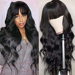 Remy Human Hair Wig Body Wave With Bangs Natural Black Capless Brazilian Hair Women's Natural Black #1B 8 inch 10 inch 12 inch Party  Evening Daily Wear Vacation Lightinthebox