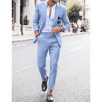 Sky Blue Men's Linen Suits Beach Wedding Solid Colored 2 Piece Fashion Casual Tailored Fit Single Breasted One-button 2023 miniinthebox