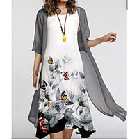 Women's Shift Dress Maxi long Dress Yellow Long Sleeve Butterfly Flower Racerback Print Spring Summer Round Neck Ethnic Casual 2021 S M L XL XXL Lightinthebox - thumbnail